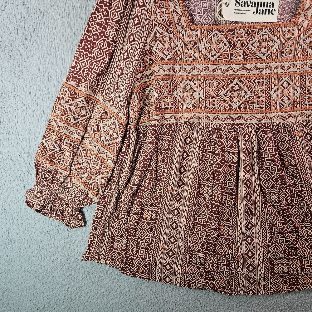 NEW Savanna Jane Embroidered Top Blouse Women Small Geometric Maroon Beige - Picture 2 of 9